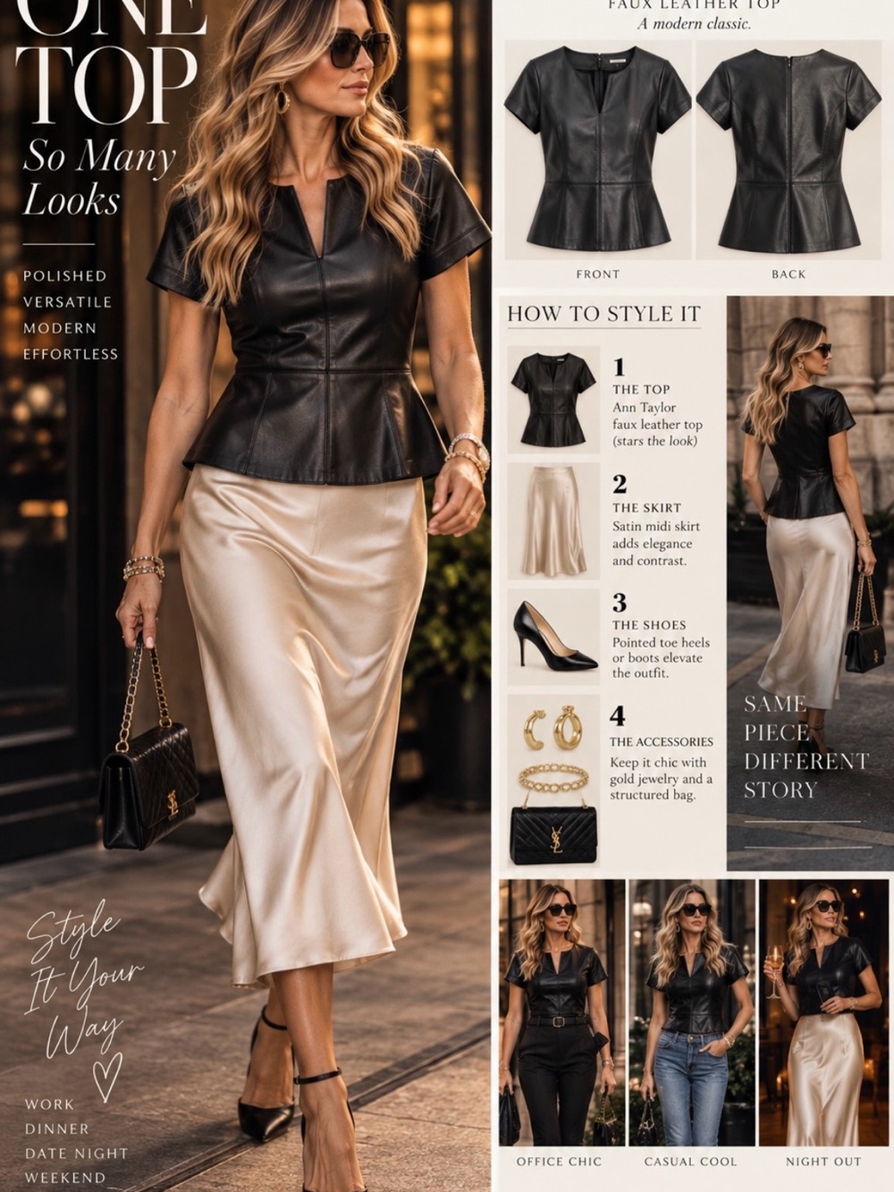 Ann Taylor Black Faux Leather Peplum Top with Champagne Satin Midi Skirt